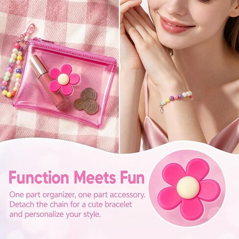 Flower Cute Coin Purse Mini Zipper Pouch, Waterproof PVC Clear Cosmetic Organizer Bag, Portable Beaded Keychain Pouch Wallet Credit Card Holder for Women Travel Use - 1pc, Pink in Saudi Arabia
