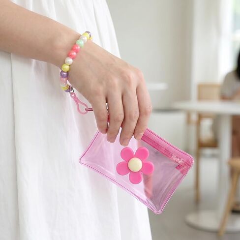 Flower Cute Coin Purse Mini Zipper Pouch, Waterproof PVC Clear Cosmetic Organizer Bag, Portable Beaded Keychain Pouch Wallet Credit Card Holder for Women Travel Use - 1pc, Pink in Saudi Arabia
