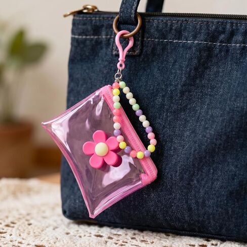 Flower Cute Coin Purse Mini Zipper Pouch, Waterproof PVC Clear Cosmetic Organizer Bag, Portable Beaded Keychain Pouch Wallet Credit Card Holder for Women Travel Use - 1pc, Pink in Saudi Arabia