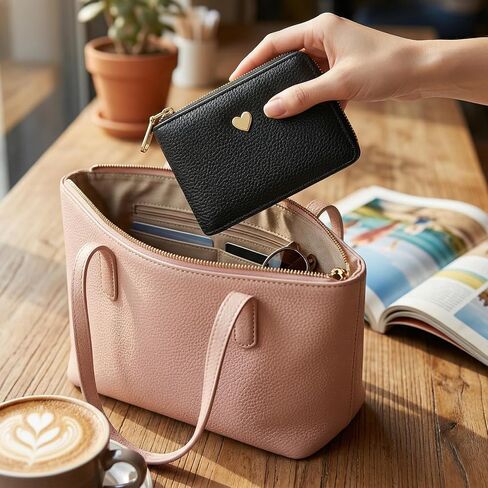 Mabor Small Card Wallet for Women PU Leather Slim Compact Wallet with Heart Pattern, Black Minimalist Credit Card Holder with Coin Pocket Wristlet Purse in Kuwait