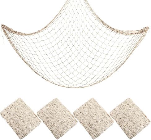 4PCS Natural Cotton Hawaiian Fish Net Decorations, Nautical Themed Cotton Fishnet Party Decor, Fishnet Fabric Wall Hanging for Ocean Theme Party in Kuwait
