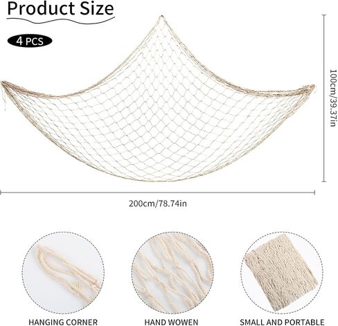 4PCS Natural Cotton Hawaiian Fish Net Decorations, Nautical Themed Cotton Fishnet Party Decor, Fishnet Fabric Wall Hanging for Ocean Theme Party in Kuwait