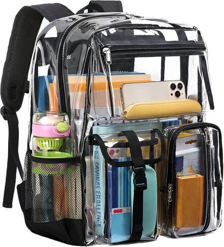 Vorspack Heavy Duty Clear Backpack - Multi-pockets Clear Bookbag for Girls, Boys, Transparent See Through Backpack for School, College, Work, Festival - Black in Saudi Arabia