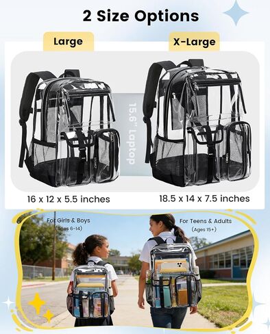 Vorspack Heavy Duty Clear Backpack - Multi-pockets Clear Bookbag for Girls, Boys, Transparent See Through Backpack for School, College, Work, Festival - Black in Saudi Arabia