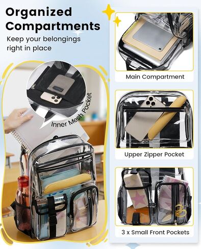 Vorspack Heavy Duty Clear Backpack - Multi-pockets Clear Bookbag for Girls, Boys, Transparent See Through Backpack for School, College, Work, Festival - Black in Saudi Arabia