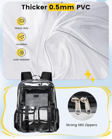 Vorspack Heavy Duty Clear Backpack - Multi-pockets Clear Bookbag for Girls, Boys, Transparent See Through Backpack for School, College, Work, Festival - Black in Saudi Arabia