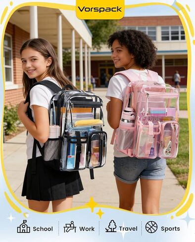 Vorspack Heavy Duty Clear Backpack - Multi-pockets Clear Bookbag for Girls, Boys, Transparent See Through Backpack for School, College, Work, Festival - Black in Saudi Arabia