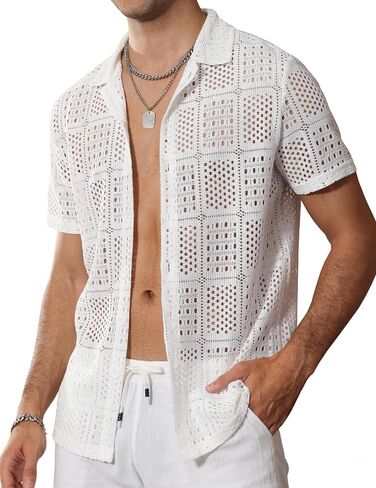Mens Lace Shirt See Through Hollow Out Sheer Casual Short Sleeve Button Down Beach Shirts in Saudi Arabia
