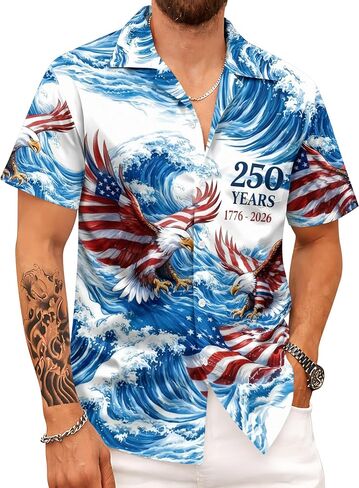 Patriotic Hawaiian Shirt for Men - Vintage 250 Anniversary USA Shirt Beach Vacation Summer Button Down Shirt for 4th of July in Saudi Arabia