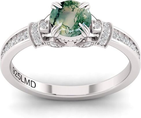 925 Sterling Silver 6MM Round Natural Gemstone Engagement Ring for Women – Moss Agate | Birthstone Promise Ring, Anniversary Jewelry in Saudi Arabia