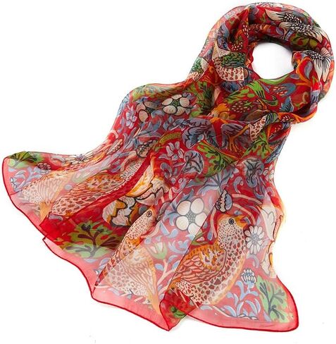 وشاح/أغطية رأس نسائية من Signare مصنوعة من الحرير بنسبة 100% باللون الأحمر William Morris Strawberry Thief (SC-SILK-WM-STRD) in Kuwait