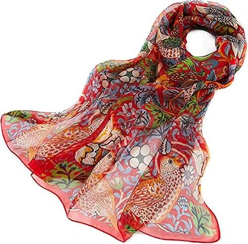 وشاح/أغطية رأس نسائية من Signare مصنوعة من الحرير بنسبة 100% باللون الأحمر William Morris Strawberry Thief (SC-SILK-WM-STRD) in Kuwait