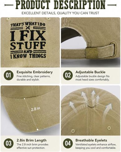 I Fix Stuff and I Know Things Hat for Men, Mechanic Gifts, Adjustable Embroidered Cotton Baseball Cap, for Dad Grandpa Husband Handyman Kakhi in Saudi Arabia