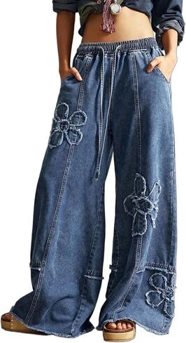 CHARTOU Baggy Wide Leg Jeans Women Drawstring Elastic High Waisted Distressed Floral Denim Pants Y2k Jeans in Kuwait