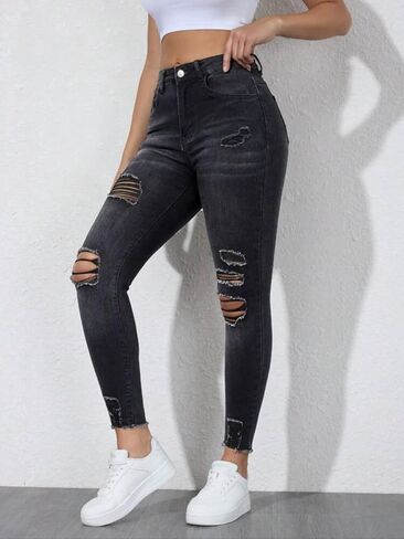 Women's Ripped Skinny Jeans High Waist Long Length Slim Fit Denim Pants with Distressed Detail in Kuwait