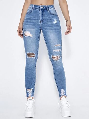 Women's Ripped Skinny Jeans High Waist Long Length Slim Fit Denim Pants with Distressed Detail in Kuwait