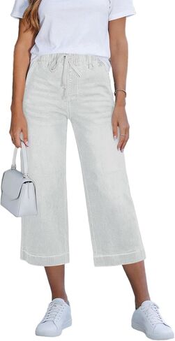 Jean Capris for Women Elastic Waist Pull On Stretchy Denim Pants Summer Casual High Waisted Jean with Pockets in Kuwait