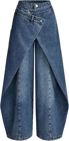 Famnbro Womens Wide Leg Cargo Jeans Y2K Wrap-Front High Waisted Asymmetrical Layered Baggy Denim Pants Streetwear in Saudi Arabia
