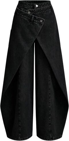 Famnbro Womens Wide Leg Cargo Jeans Y2K Wrap-Front High Waisted Asymmetrical Layered Baggy Denim Pants Streetwear in Saudi Arabia