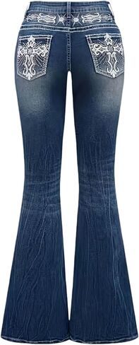 Women's Flared Jeans Bell Bottom Jeans Embroidered Y2K High Waist Stretchy Denim Pants in Saudi Arabia