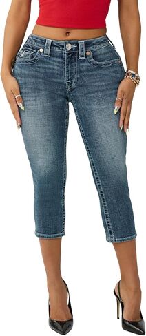 True Religion Women’s Jennie Mid Rise Skinny Capri Jeans – Medium Wash Denim with Flap Pockets, Split Hem – Blue Radiance, 34 in Kuwait