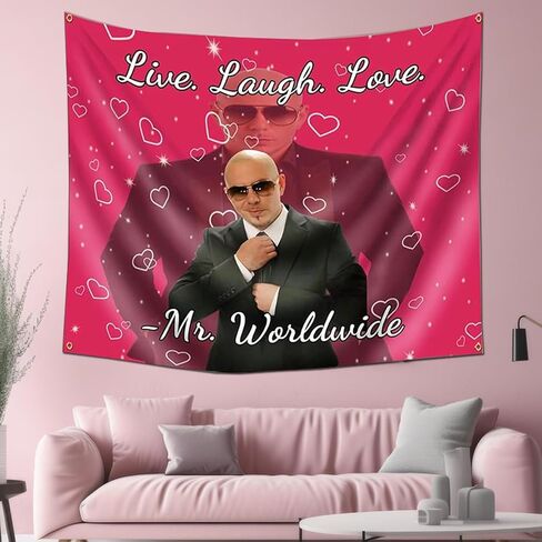 Kreomitxt Mr Worldwide Tapestry, Live Laugh Love Funny Tapestry with Metal Ring Hooks for Indoor or outdoor Wall Hanging Decor Horizontal 60 * 50 inch in Saudi Arabia