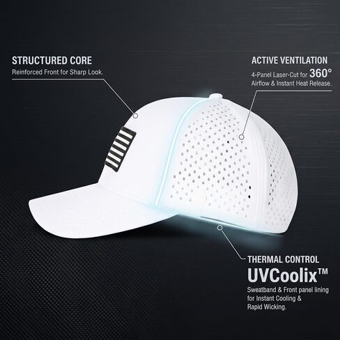 قبعة بيسبول UVCoolix™ بعصابة رأس باردة بعلم الولايات المتحدة الأمريكية، قبعة بيسبول وطنية قابلة للتنفس بفتحة تهوية بالليزر، قبعة Snapback للأداء، UV50+ الشمس، مقاومة للماء، أبيض/علم الولايات المتحدة الأمريكية/مموه مطبوع تحت الحافة M/L in Kuwait