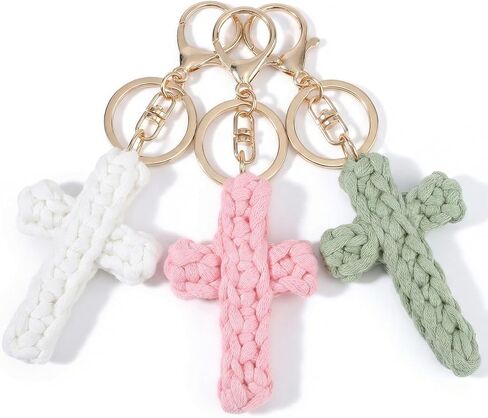BESARME 3 Pack Cross Keychains, Christian White Pink Green Colors Cross Key Chain Car Accessories Handmade Soft Cross Keychain Boho Suitable Gift for Baptism, Communion, Church, Friends, Teachers in Kuwait
