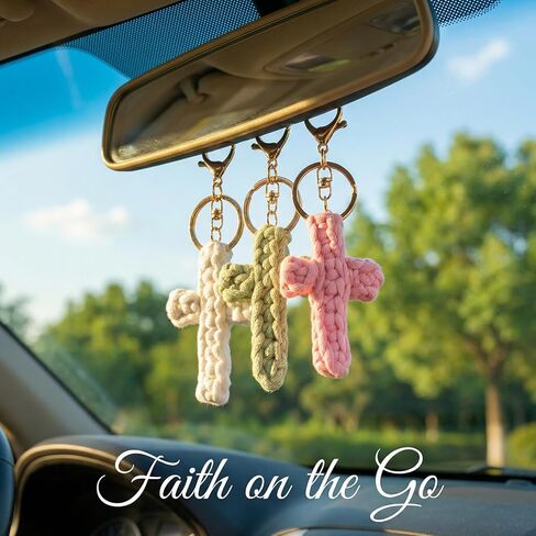 BESARME 3 Pack Cross Keychains, Christian White Pink Green Colors Cross Key Chain Car Accessories Handmade Soft Cross Keychain Boho Suitable Gift for Baptism, Communion, Church, Friends, Teachers in Kuwait