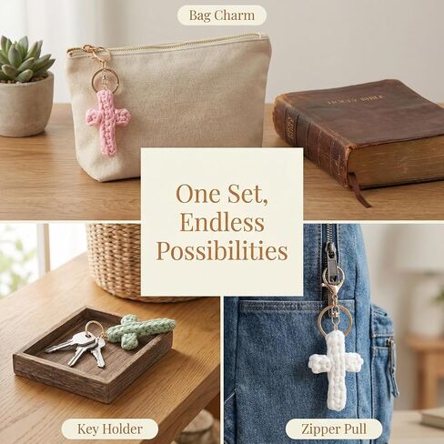 BESARME 3 Pack Cross Keychains, Christian White Pink Green Colors Cross Key Chain Car Accessories Handmade Soft Cross Keychain Boho Suitable Gift for Baptism, Communion, Church, Friends, Teachers in Kuwait