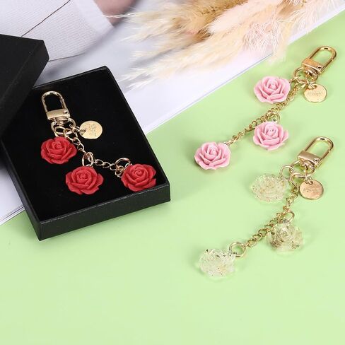 MECCANIXITY Flower Charm Keychain, Cute Resin Rose Pendant Keychains Tassel Chain Keyring with Jewelry Box for Women in Kuwait