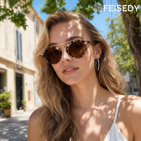 نظارات شمسية من FEISEDY بتصميم كلاسيكي مستدير معدني للنساء، حماية من الأشعة فوق البنفسجية 400، ظلال كلاسيكية مزدوجة للوجه للوجه الصغير B0427 in Kuwait