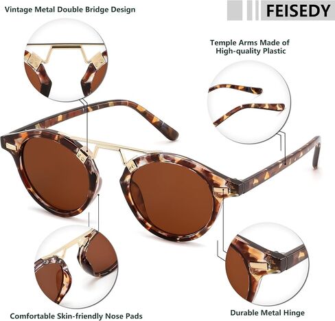 نظارات شمسية من FEISEDY بتصميم كلاسيكي مستدير معدني للنساء، حماية من الأشعة فوق البنفسجية 400، ظلال كلاسيكية مزدوجة للوجه للوجه الصغير B0427 in Kuwait