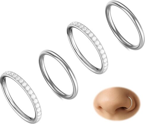CZ Nose Rings for Man Women – Double Hoop and Segment Clicker Piercing Jewelry for Septum, Cartilage, Tragus, Helix, Hypoallergenic, 4 Set in Saudi Arabia