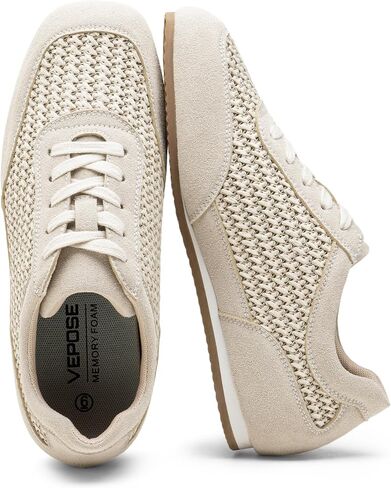 Vepose Women's Fashion Sneakers, Lightweight Breathable Mesh Tennis Shoes, 8206 Casual Suede Woven Raffia Square Toe Lace Up Retro Trainers, Everyday Walking Travel Work in Kuwait