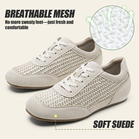 Vepose Women's Fashion Sneakers, Lightweight Breathable Mesh Tennis Shoes, 8206 Casual Suede Woven Raffia Square Toe Lace Up Retro Trainers, Everyday Walking Travel Work in Kuwait