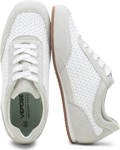 Vepose Women's Fashion Sneakers, Lightweight Breathable Mesh Tennis Shoes, 8206 Casual Suede Woven Raffia Square Toe Lace Up Retro Trainers, Everyday Walking Travel Work in Kuwait