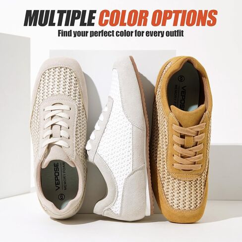 Vepose Women's Fashion Sneakers, Lightweight Breathable Mesh Tennis Shoes, 8206 Casual Suede Woven Raffia Square Toe Lace Up Retro Trainers, Everyday Walking Travel Work in Kuwait