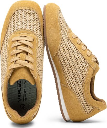Vepose Women's Fashion Sneakers, Lightweight Breathable Mesh Tennis Shoes, 8206 Casual Suede Woven Raffia Square Toe Lace Up Retro Trainers, Everyday Walking Travel Work in Kuwait