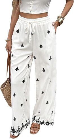 SweatyRocks Women's Boho Leaf Print Elastic Waist Pants Casual Drawstring Loose Long Trousers in Kuwait
