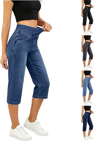 Capri Jeans for Women Elastic Waist Denim Pants Casual Summer High Waist Pull On Cropped Stretch Jean with Pockets in Kuwait