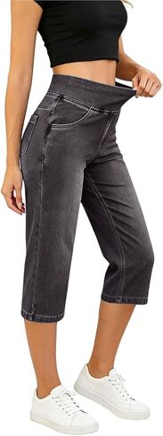 Capri Jeans for Women Elastic Waist Denim Pants Casual Summer High Waist Pull On Cropped Stretch Jean with Pockets in Kuwait