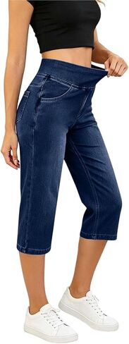 Capri Jeans for Women Elastic Waist Denim Pants Casual Summer High Waist Pull On Cropped Stretch Jean with Pockets in Kuwait