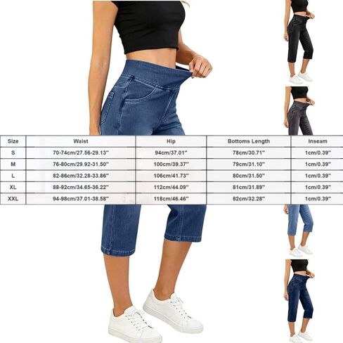 Capri Jeans for Women Elastic Waist Denim Pants Casual Summer High Waist Pull On Cropped Stretch Jean with Pockets in Kuwait