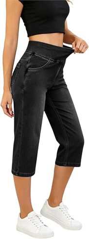 Capri Jeans for Women Elastic Waist Denim Pants Casual Summer High Waist Pull On Cropped Stretch Jean with Pockets in Kuwait