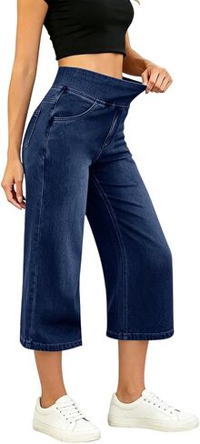 Capri Jeans for Women Elastic Waist Denim Pants Casual Summer High Waist Pull On Cropped Stretch Jean with Pockets in Kuwait