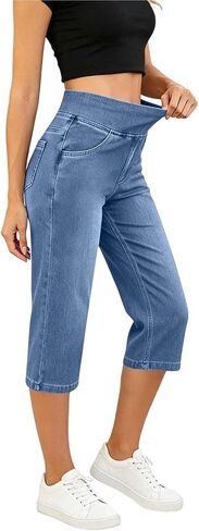 Capri Jeans for Women Elastic Waist Denim Pants Casual Summer High Waist Pull On Cropped Stretch Jean with Pockets in Kuwait
