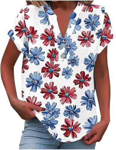 4th of July Shirts for Women American Flag Cotton Linen Button Down Shirts Short Sleeve Gauze Tops Summer Blouses in Saudi Arabia