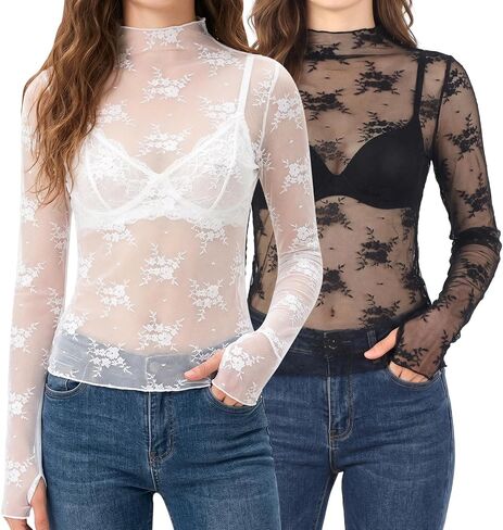 Women's Lace Mesh Tops Long Sleeve Sheer Shirts Y2K Floral Print Undershirt Mock Neck See Through Going Out Tops in Saudi Arabia