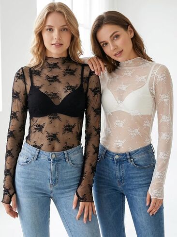 Women's Lace Mesh Tops Long Sleeve Sheer Shirts Y2K Floral Print Undershirt Mock Neck See Through Going Out Tops in Saudi Arabia